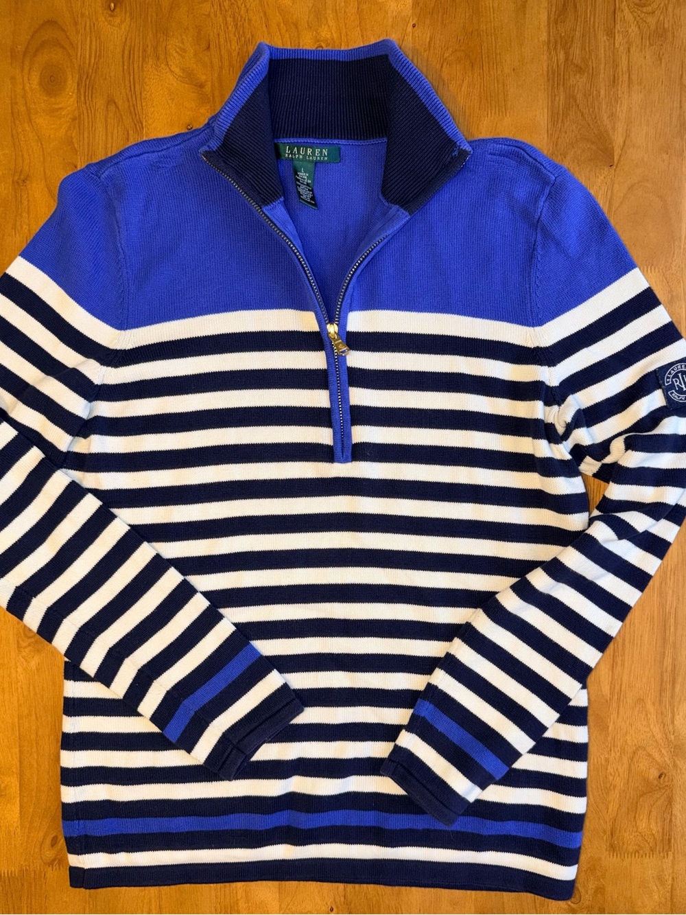 Lauren Ralph Lauren Womens Large Blue Striped Quarter Zip Cotton Sweater RLL